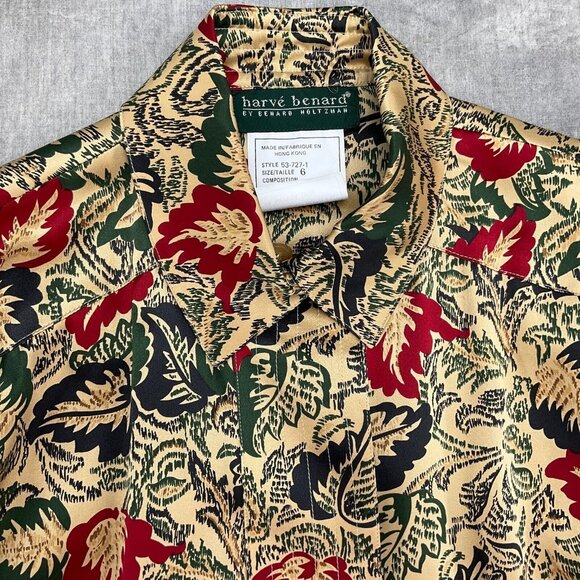 Harve Benard Blouse Women 6‎ Tan Red Leaf Floral Retro Secretary Liquid Silk 80s - Picture 2 of 11